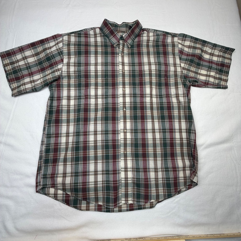Van Heusen Mens Plaid Short Sleeve Button Down Shirt Burgundy Green‎ Large